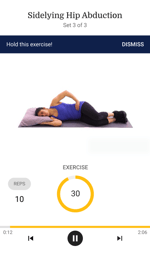 A woman in workout clothes does a side-lying hip abduction exercise on a mat, as shown in medbridge tutorials.