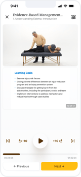 An instructor performs a physical assessment on a patient, with medbridge digital healthcare tools visible nearby.