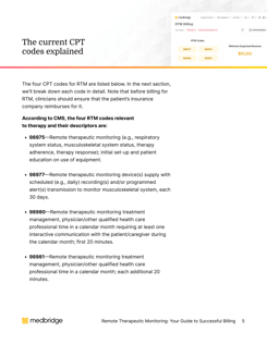 Page showing four Remote Therapeutic Monitoring CPT codes, brief descriptions, digital health insights, and a medbridge billing dashboard.