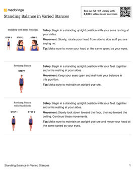 This digital healthcare guide from medbridge features balance exercises like head rotation, Romberg stance, and head nods.