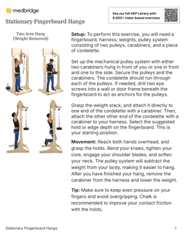 Person hangs from a pulley system with weights; exercise tips and medbridge digital healthcare tools appear onscreen.