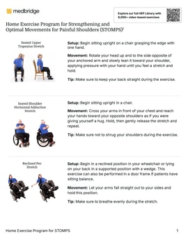 Instructional guide showing three seated shoulder stretches with images: upper trapezius, horizontal adduction, and reclined pec, from medbridge.