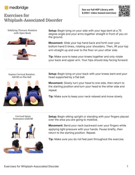 Woman demonstrates three whiplash physio exercises with step-by-step instructions, suitable for medbridge or digital care use.