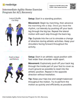 Medbridge agility exercise guide for ACL recovery, showing steps and images for Lateral Shuffle Cut Skip and Push to Base and Return.