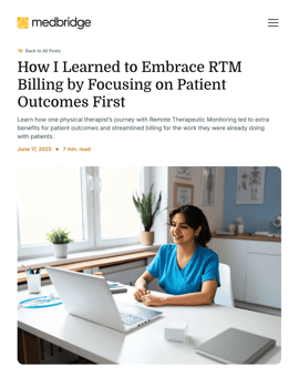 A woman in blue scrubs uses a laptop with medbridge in a bright office, with papers and a coffee cup on her desk.