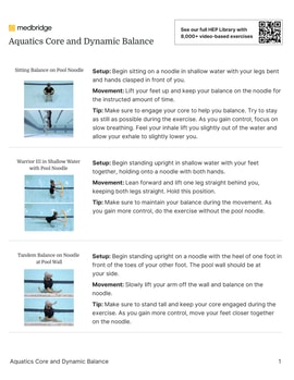 Explore aquatic core exercises like sitting balance on a noodle and Warrior III in water, presented by medbridge.