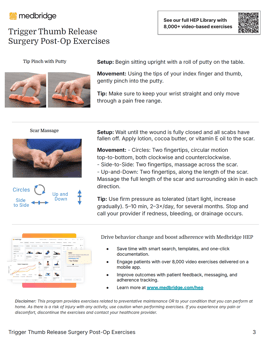 Medbridge post-op thumb release exercise guide with images and text for tip pinch, scar massage, and safety tips.