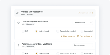 A medbridge dashboard shows self-assessment sections, status options, resource links, and an audit log.