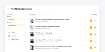 A computer screen shows a healthcare course interface listing medbridge courses with filters and sorting on the left.