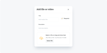 File upload screen for healthcare education with title, description fields, and option to add JPG, PNG, or PDF files up to 512 MB.