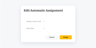 Edit Automatic Assignment window in medbridge with track and due date dropdowns, plus Cancel and Assign buttons.