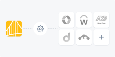 Diagram with a yellow Medbridge square linked by a gear to six white company-logo squares and a plus sign.