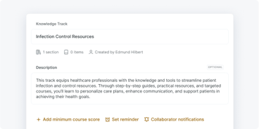 Webpage showing Infection Control Resources course details from medbridge, with options for scoring, reminders, and notifications.