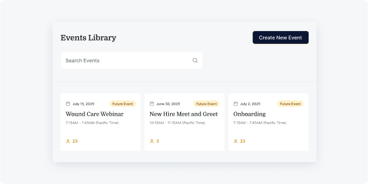 Events Library screen with search bar, 'Create New Event' button, and three event cards in the medbridge platform.