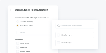 A software interface for publishing a track to an organization, showing user group and location selection in medbridge.