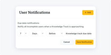 Notification settings interface in healthcare education with add/save options for Knowledge Track due dates on medbridge.