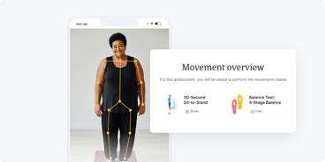 A woman with movement tracking points stands in front of a screen showing sit-to-stand and balance tests by medbridge.