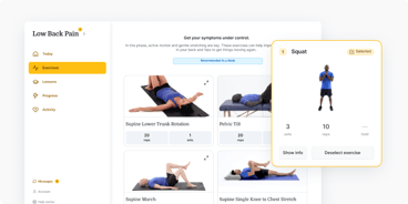 A Medbridge dashboard for low back pain highlights a “Squat” card and shows exercise images like “Supine Lower Trunk Rotation.”.