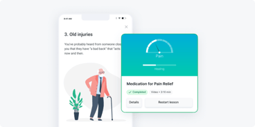 A smartphone displays a Medbridge app screen with an elderly man using a cane and info on injuries and pain relief.