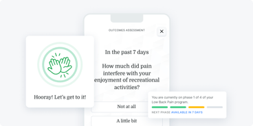 A medbridge app shows a success message, pain assessment for 7 days, and a back pain program progress bar.