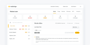 A medbridge dashboard shows patient alerts, names, alert levels, and details for Nicole Allen with timer and activity options.