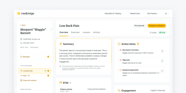 A medbridge dashboard shows a low back pain patient case with summary, actions, engagement info, and left-side navigation.