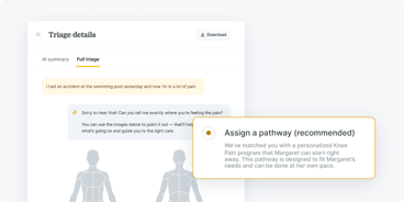 A medbridge triage screen shows injury details, chat, human icons, and a highlighted personalized care pathway suggestion.