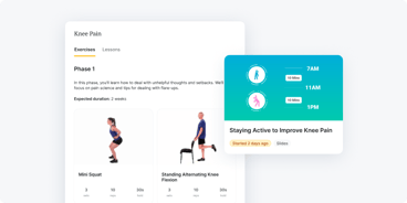A digital interface from medbridge shows knee pain exercises, a schedule card, and reminders for patient care.