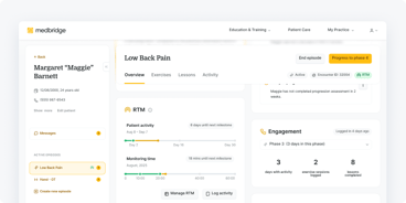 A Medbridge dashboard tracks Margaret Barnett's low back pain care, showing activity, engagement, and episode progress.
