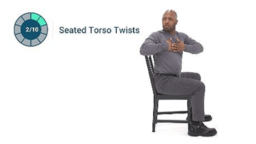 A man demonstrates seated torso twists on a chair for Medbridge training, with progress at 2 of 10.