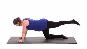 A person in blue and black does a bird-dog exercise on a yoga mat, demonstrating medbridge healthcare training.