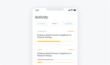 A smartphone shows the medbridge therapy tracker with progress bars and tabs for In progress, To-do, and Completed.