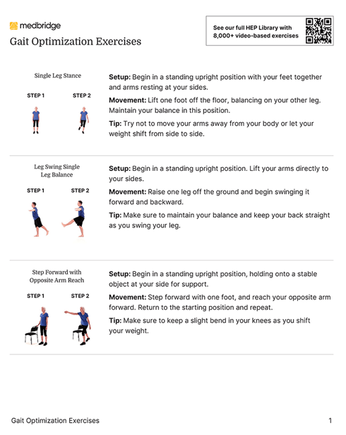 Guide 'Gait Optimization Exercises' details single-leg stance, leg swing balance, and step-forward exercises with medbridge insights.