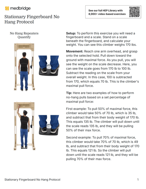 A printed page shows instructions and diagrams for stationary fingerboard no hang repeaters with medbridge healthcare guidance.