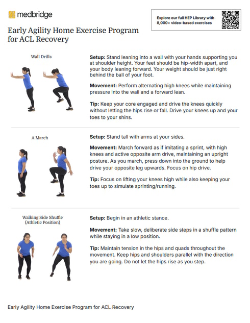 A Medbridge guide on early agility home exercises for ACL recovery, showing wall drills, marching, and side shuffles.