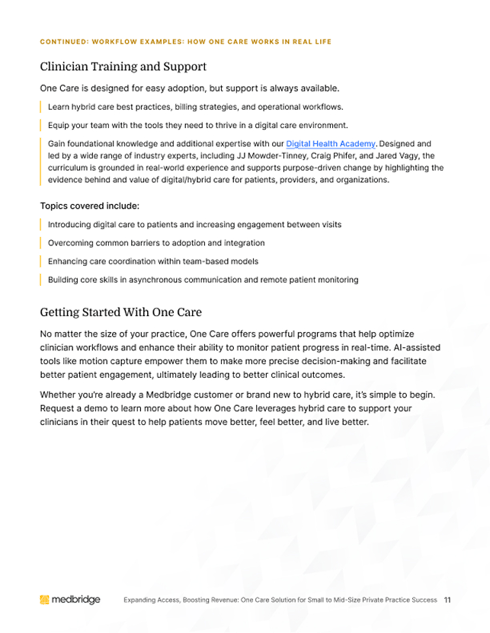 A brochure page with headings and bullet points about One Care clinician training, support, and hybrid digital healthcare solutions.