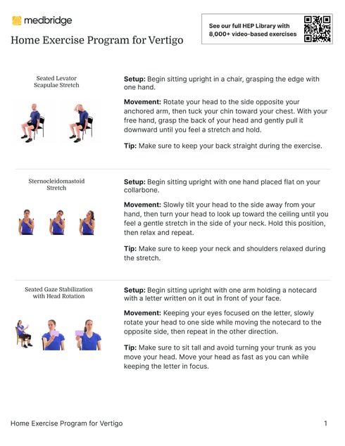 This vertigo home exercise program features seated scapula and sternocleidomastoid stretches plus gaze stabilization, incorporating medbridge education methods for symptom management.