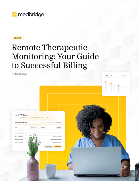 Woman at a desk with laptop and coffee, billing charts behind her, and the title "Remote Therapeutic Monitoring" above.