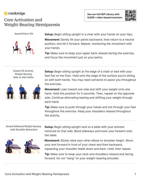 Core activation and hemi-paresis exercise guide with seated pelvic tilt and weight-bearing instructions, featuring diagrams, by medbridge.