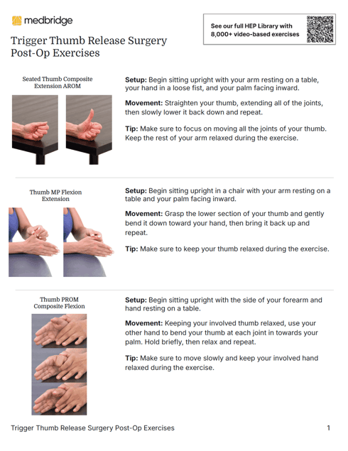 Sheet shows 3 seated hand exercises for post-op trigger thumb, with directions and tips, for use in medbridge software.