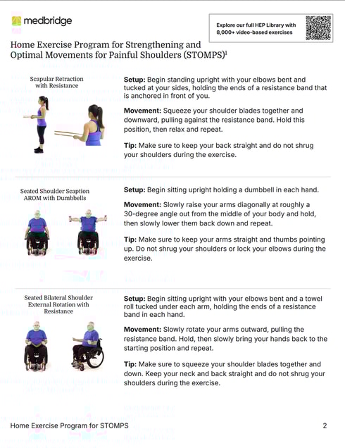 Three wheelchair exercises for painful shoulders shown with setup and movement steps from medbridge.