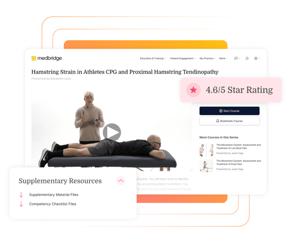Screenshot of a medbridge course on hamstring strain, featuring a video, 4.6/5 rating badge, and resource links.
