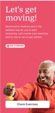Elderly person in a red hoodie smiling with a yellow dumbbell; text: "Let's get moving!" and "check exercises" button on pink background.
