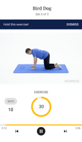 A person kneels on a blue mat for bird dog exercise, with a timer and counter shown in a medbridge training session.