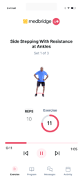 Medbridge exercise app displays a person side-stepping with ankle resistance bands and workout controls.