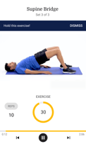 Man doing a supine bridge with bent knees on a mat in a medbridge workout app.