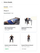 A medbridge screen shows four pelvic health exercises with images and descriptions.