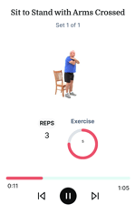 Older adult doing sit-to-stand exercise with arms crossed and a chair behind, shown on a medbridge screen with exercise metrics.