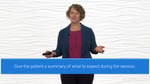 A Medbridge presenter in a blue blazer holds a remote with text: "Give the patient a summary of what to expect during the session.