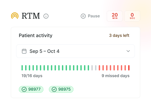 A medbridge tracker shows 19 active days, 9 missed, and 3 left (Sep 5–Oct 4), with green and red progress bars.